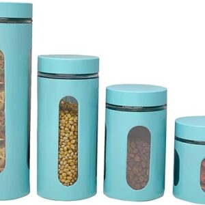 Kitchen Canisters Set For Countertop By Home Basics | Retro-Styled Canisters For Kitchen Counter | Stainless Steel and Glass, See-Through Windows (Turquoise), 4 Pieces